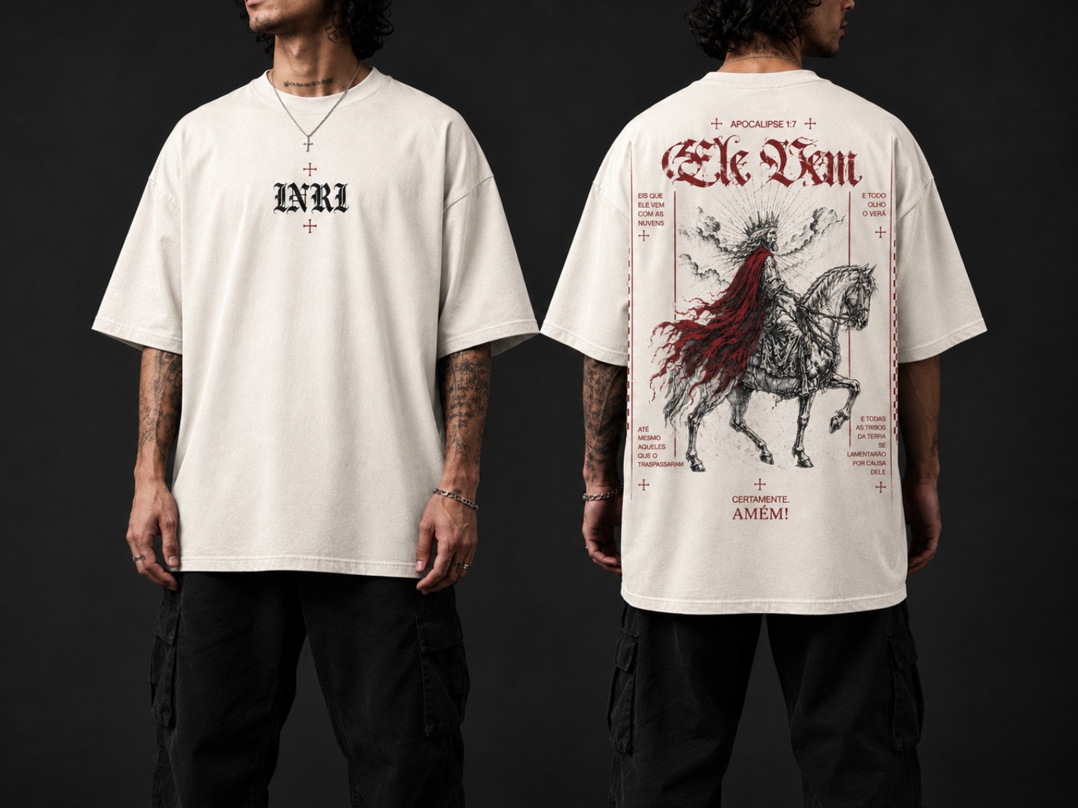 Modelo vestindo a camiseta off-white Ele Vem, com vista frontal e traseira